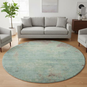HomeRoots 8' Pale Aqua & Taupe Abstract Round Rug – Durable, Washable, UV-Protected, Family-Friendly Design 697887
