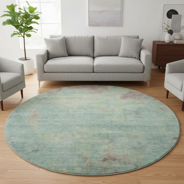 HomeRoots 8' Pale Aqua & Taupe Abstract Round Rug – Durable, Washable, UV-Protected, Family-Friendly Design 697887