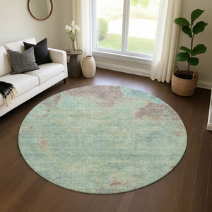 HomeRoots 8' Pale Aqua & Taupe Abstract Round Rug – Durable, Washable, UV-Protected, Family-Friendly Design 697887