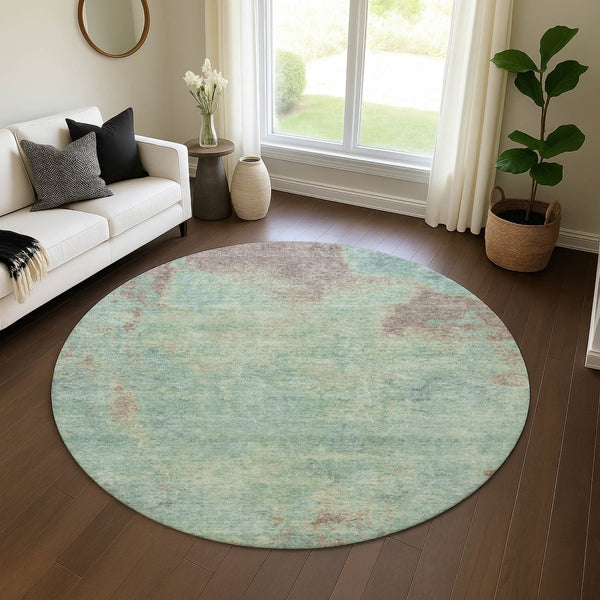 HomeRoots 8' Pale Aqua & Taupe Abstract Round Rug – Durable, Washable, UV-Protected, Family-Friendly Design 697887