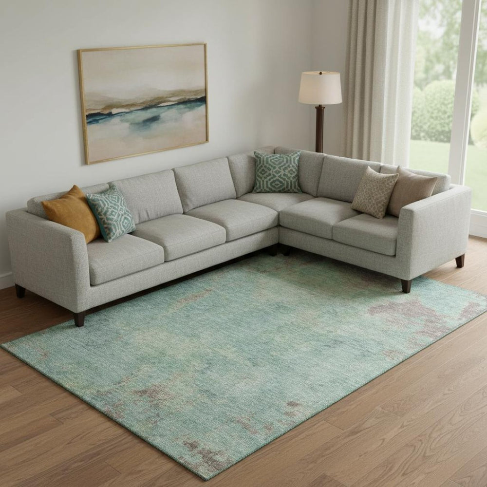HomeRoots 10' X 14' Pale Aqua & Taupe Abstract Washable Area Rug – Stylish, Durable, UV-Protected for Homes! 697890