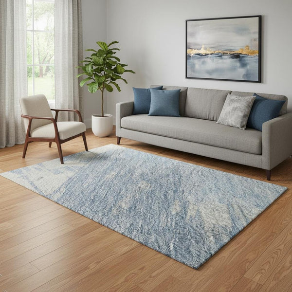 HomeRoots 5' X 8' Washable Denim Blue, Ivory & Beige Abstract Area Rug - Durable, UV Protected & Pet-Friendly! 697892