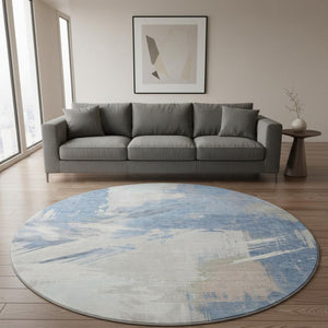 HomeRoots 8' Washable Round Rug in Denim Blue, Ivory & Beige Abstract Design - UV Protection & Stain-Resistant 697893