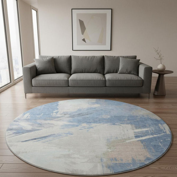 HomeRoots 8' Washable Round Rug in Denim Blue, Ivory & Beige Abstract Design - UV Protection & Stain-Resistant 697893