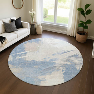 HomeRoots 8' Washable Round Rug in Denim Blue, Ivory & Beige Abstract Design - UV Protection & Stain-Resistant 697893