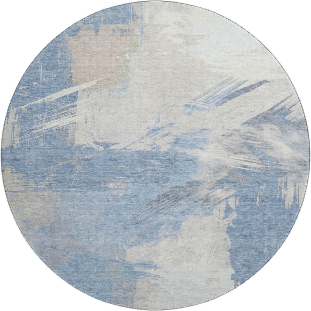 HomeRoots 8' Washable Round Rug in Denim Blue, Ivory & Beige Abstract Design - UV Protection & Stain-Resistant 697893
