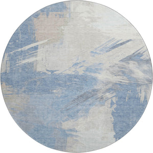 HomeRoots 8' Washable Round Rug in Denim Blue, Ivory & Beige Abstract Design - UV Protection & Stain-Resistant 697893