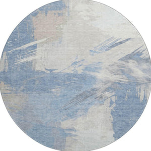 HomeRoots 8' Washable Round Rug in Denim Blue, Ivory & Beige Abstract Design - UV Protection & Stain-Resistant 697893