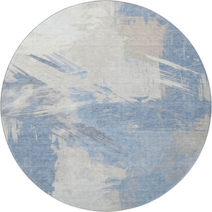 HomeRoots 8' Washable Round Rug in Denim Blue, Ivory & Beige Abstract Design - UV Protection & Stain-Resistant 697893