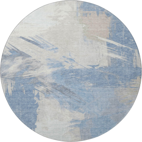 HomeRoots 8' Washable Round Rug in Denim Blue, Ivory & Beige Abstract Design - UV Protection & Stain-Resistant 697893