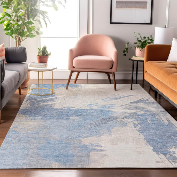 HomeRoots 8' X 10' Stylish Denim Blue Ivory Beige Washable Area Rug – Durable, UV Protected, Stain Resistant! 697894