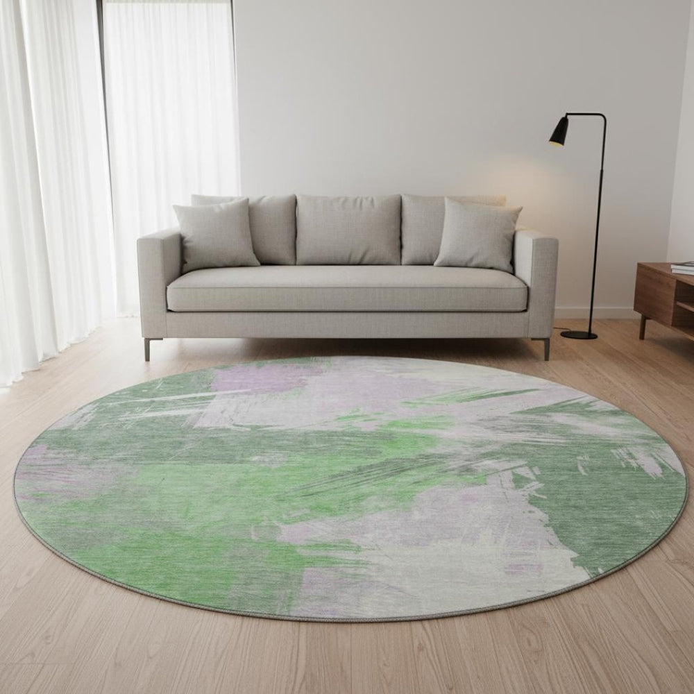 HomeRoots 8' Washable Round Rug in Green, Lavender & Ivory – UV-Protected, Modern Design for High-Traffic Areas 697899