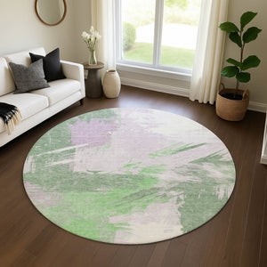 HomeRoots 8' Washable Round Rug in Green, Lavender & Ivory – UV-Protected, Modern Design for High-Traffic Areas 697899