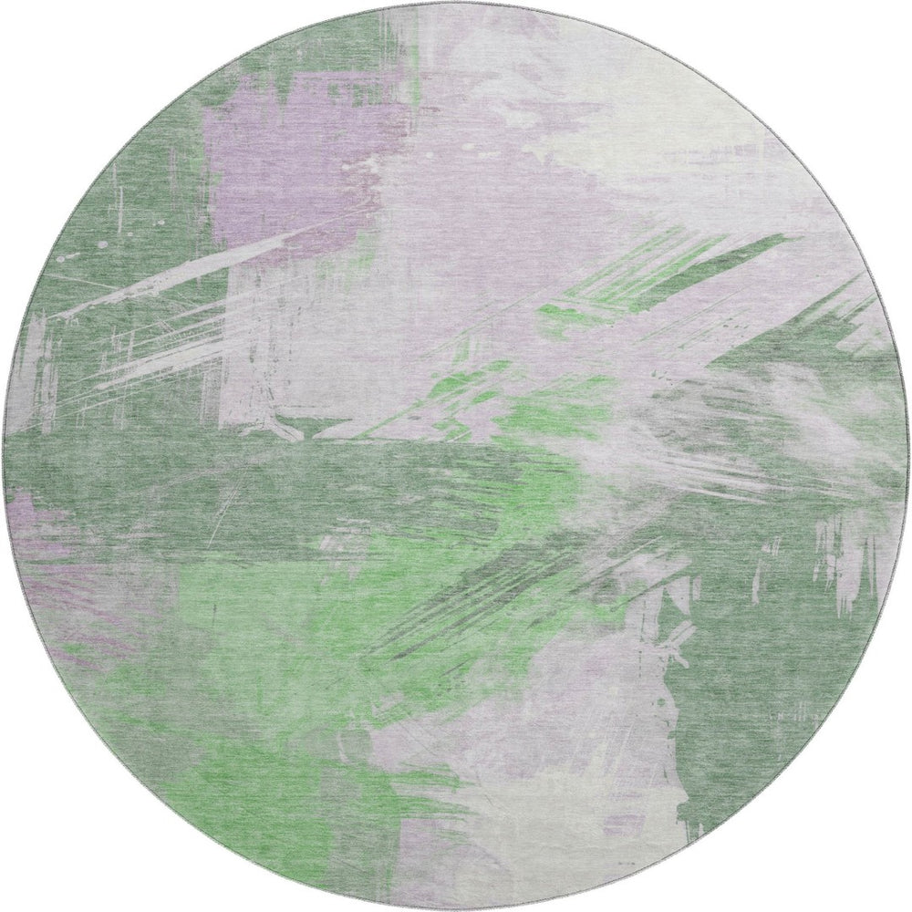 HomeRoots 8' Washable Round Rug in Green, Lavender & Ivory – UV-Protected, Modern Design for High-Traffic Areas 697899