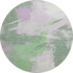 HomeRoots 8' Washable Round Rug in Green, Lavender & Ivory – UV-Protected, Modern Design for High-Traffic Areas 697899