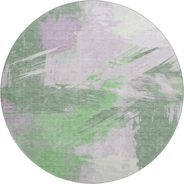 HomeRoots 8' Washable Round Rug in Green, Lavender & Ivory – UV-Protected, Modern Design for High-Traffic Areas 697899