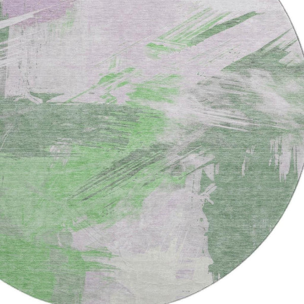 HomeRoots 8' Washable Round Rug in Green, Lavender & Ivory – UV-Protected, Modern Design for High-Traffic Areas 697899