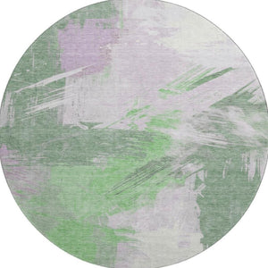HomeRoots 8' Washable Round Rug in Green, Lavender & Ivory – UV-Protected, Modern Design for High-Traffic Areas 697899