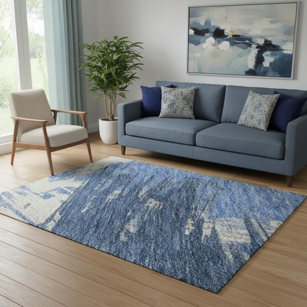 HomeRoots 5' X 8' Washable Navy Blue, Green & Ivory Abstract Area Rug with UV Protection for High-Traffic Spaces 697904