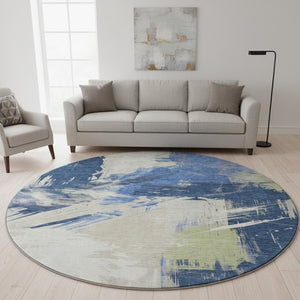 HomeRoots 8' Modern Abstract Washable Round Rug in Navy, Green & Ivory – UV Protected, Non-Slip Design for Durability 697905