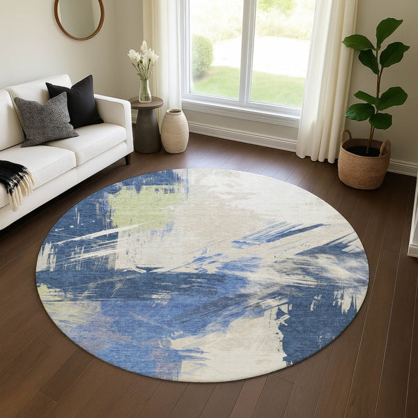 HomeRoots 8' Modern Abstract Washable Round Rug in Navy, Green & Ivory – UV Protected, Non-Slip Design for Durability 697905