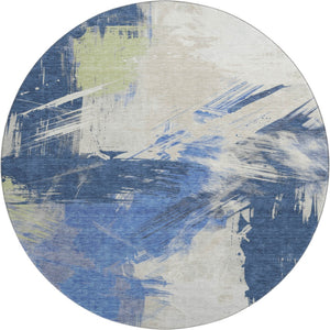 HomeRoots 8' Modern Abstract Washable Round Rug in Navy, Green & Ivory – UV Protected, Non-Slip Design for Durability 697905