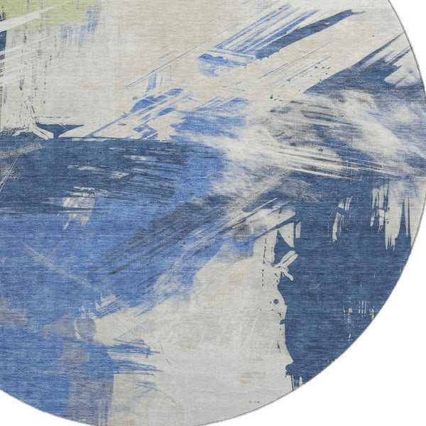 HomeRoots 8' Modern Abstract Washable Round Rug in Navy, Green & Ivory – UV Protected, Non-Slip Design for Durability 697905