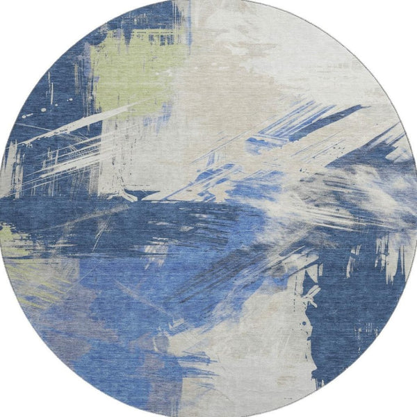 HomeRoots 8' Modern Abstract Washable Round Rug in Navy, Green & Ivory – UV Protected, Non-Slip Design for Durability 697905