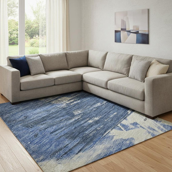 HomeRoots 8' X 10' Navy Blue, Green & Ivory Abstract Washable Area Rug – UV Protected, Durable & Stylish Design 697906