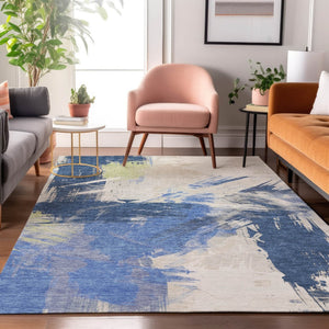 HomeRoots 8' X 10' Navy Blue, Green & Ivory Abstract Washable Area Rug – UV Protected, Durable & Stylish Design 697906