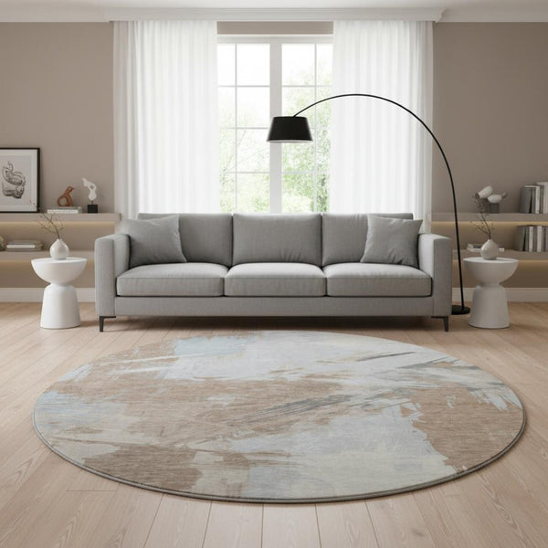 HomeRoots 8' Rust Gray and Ivory Abstract Washable Round Rug - Durable, UV-Protected, Stain-Resistant Design 697911