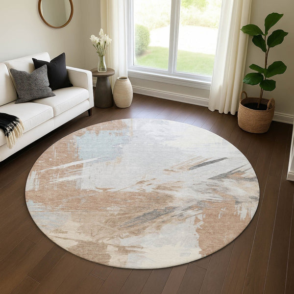 HomeRoots 8' Rust Gray and Ivory Abstract Washable Round Rug - Durable, UV-Protected, Stain-Resistant Design 697911