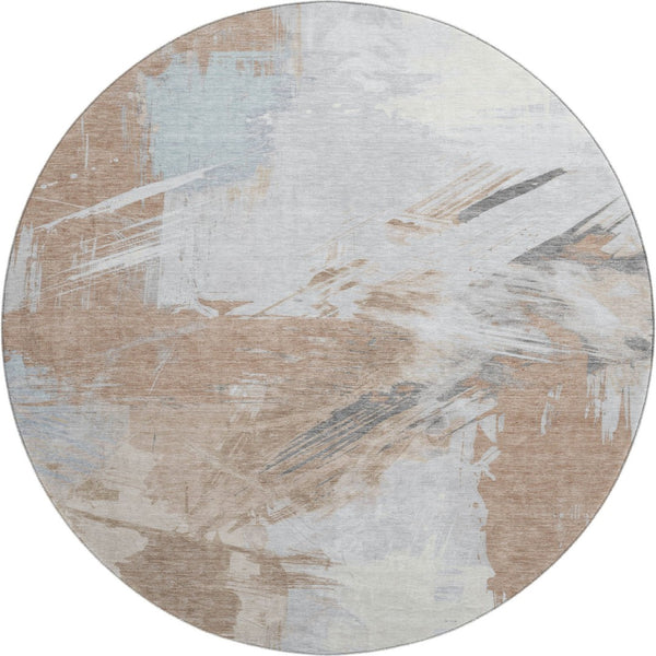 HomeRoots 8' Rust Gray and Ivory Abstract Washable Round Rug - Durable, UV-Protected, Stain-Resistant Design 697911