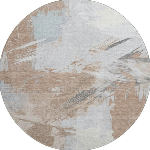 HomeRoots 8' Rust Gray and Ivory Abstract Washable Round Rug - Durable, UV-Protected, Stain-Resistant Design 697911