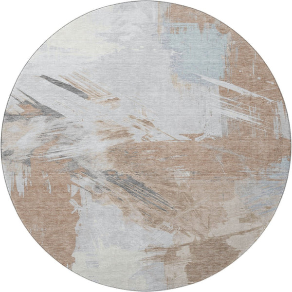 HomeRoots 8' Rust Gray and Ivory Abstract Washable Round Rug - Durable, UV-Protected, Stain-Resistant Design 697911