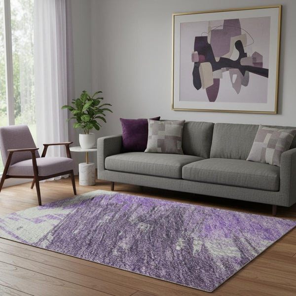 HomeRoots 5' X 8' Abstract Area Rug in Purple, Green & Ivory - Washable, UV-Protected, Durable & Stylish Design 697916