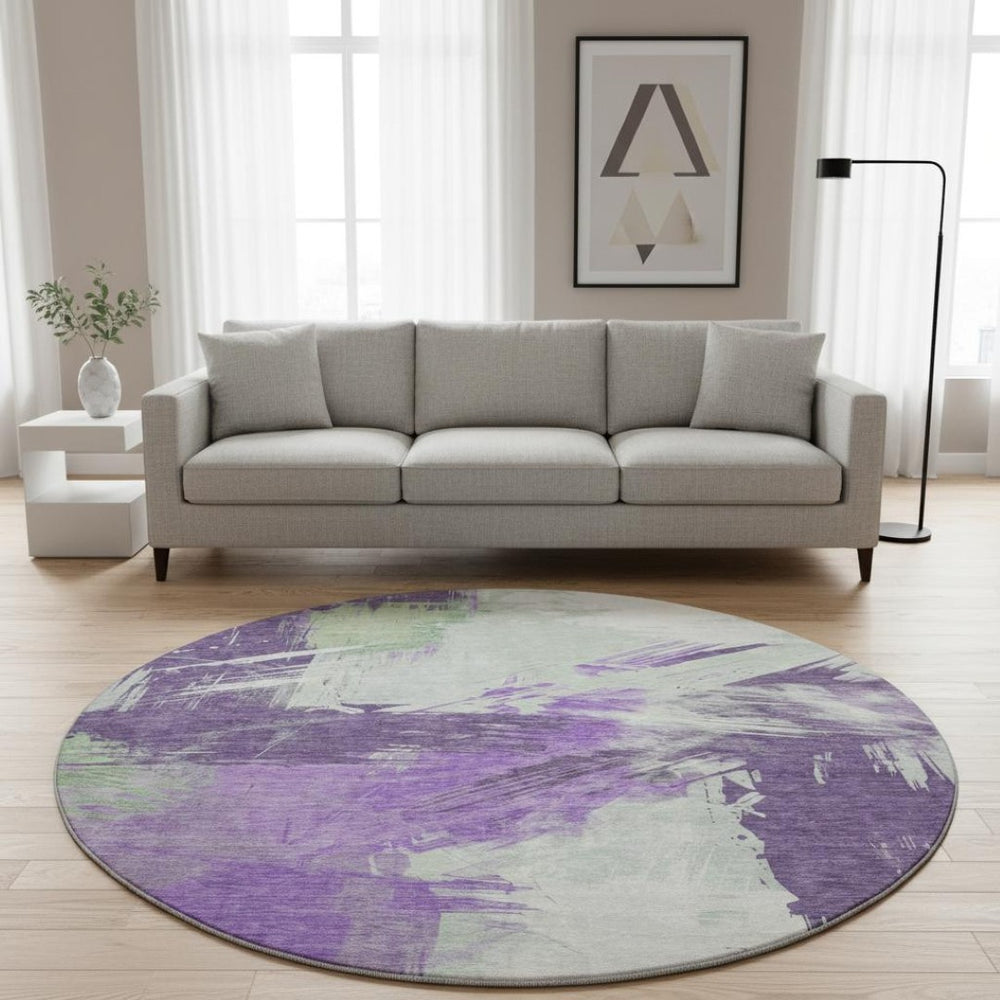 HomeRoots 8' Modern Abstract Round Rug in Purple, Green & Ivory - Washable, UV Protected for High Traffic Areas 697917