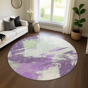 HomeRoots 8' Modern Abstract Round Rug in Purple, Green & Ivory - Washable, UV Protected for High Traffic Areas 697917