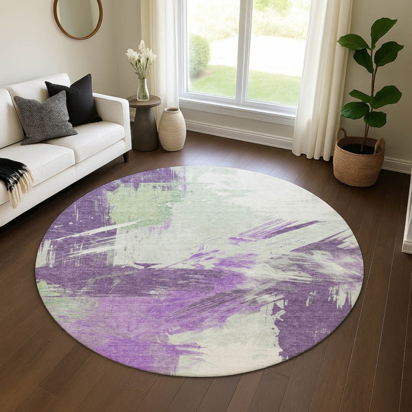 HomeRoots 8' Modern Abstract Round Rug in Purple, Green & Ivory - Washable, UV Protected for High Traffic Areas 697917