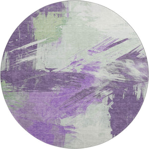 HomeRoots 8' Modern Abstract Round Rug in Purple, Green & Ivory - Washable, UV Protected for High Traffic Areas 697917