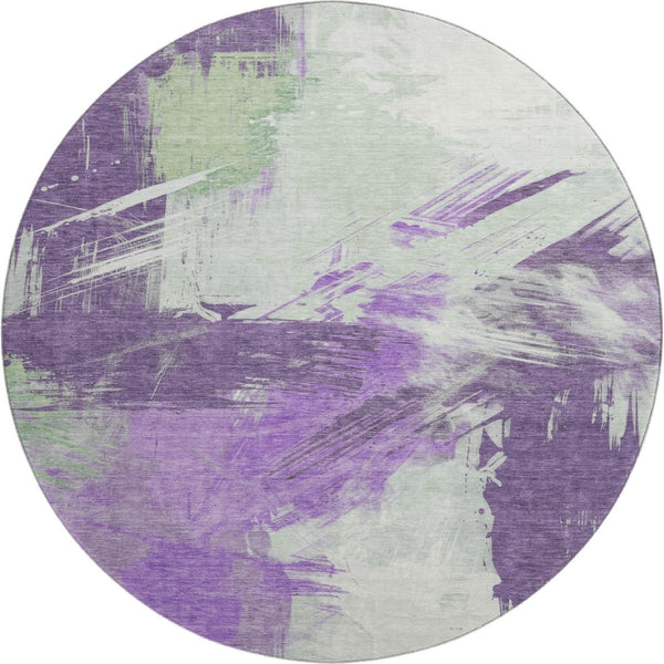 HomeRoots 8' Modern Abstract Round Rug in Purple, Green & Ivory - Washable, UV Protected for High Traffic Areas 697917