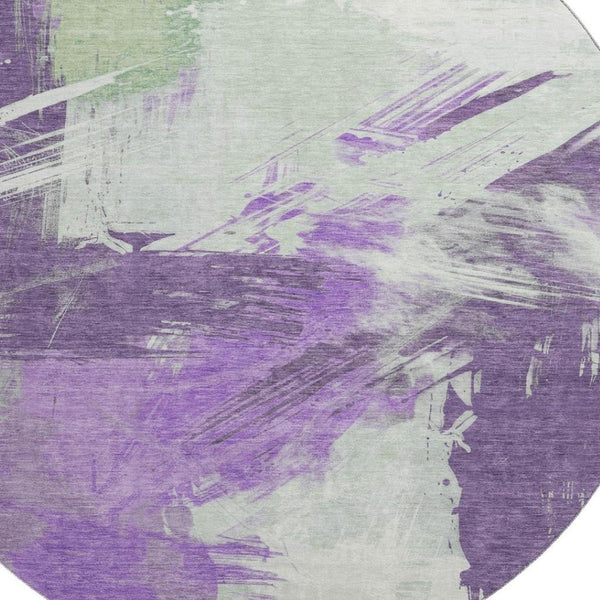 HomeRoots 8' Modern Abstract Round Rug in Purple, Green & Ivory - Washable, UV Protected for High Traffic Areas 697917
