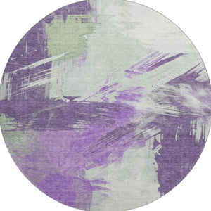 HomeRoots 8' Modern Abstract Round Rug in Purple, Green & Ivory - Washable, UV Protected for High Traffic Areas 697917