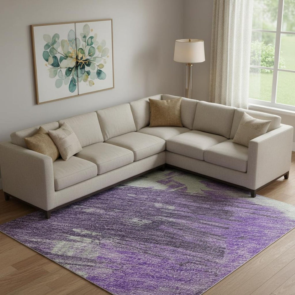 HomeRoots 9' X 12' Washable Abstract Area Rug in Purple, Green & Ivory - UV Protected, Durable & Non-Slip Design! 697919