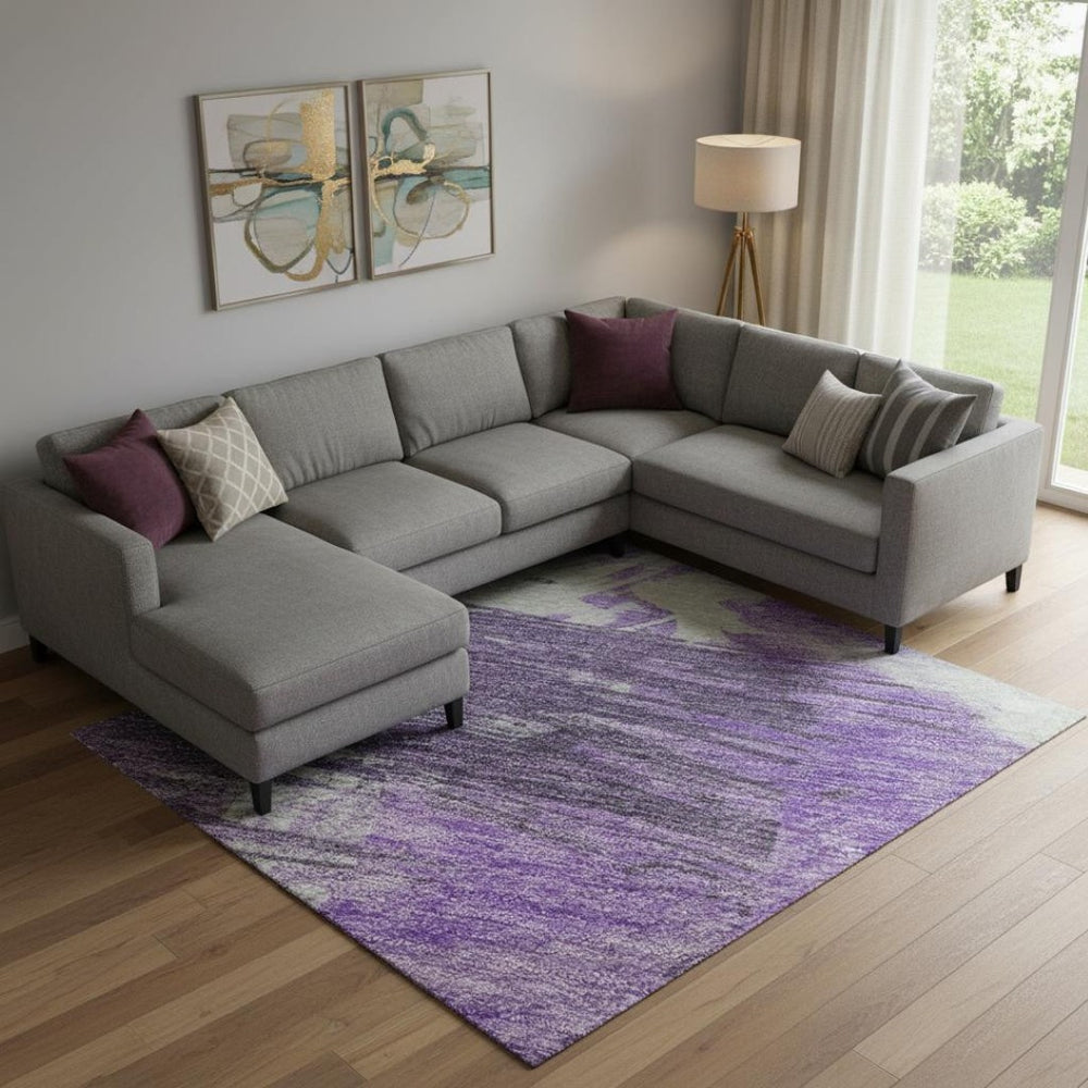 HomeRoots 10' X 14' Abstract Area Rug in Purple, Green & Ivory - Washable, UV Protected, Durable & Stylish! 697920