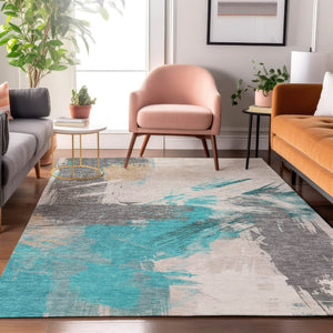 HomeRoots 5' X 8' Contemporary Teal Beige Ivory Abstract Area Rug - Washable, UV Protected, Durable Design! 697922