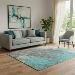 HomeRoots 5' X 8' Contemporary Teal Beige Ivory Abstract Area Rug - Washable, UV Protected, Durable Design! 697922