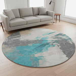 HomeRoots 8' Teal Beige Ivory Abstract Round Rug – Washable, UV-Protected, Stylish for Family Spaces! 697923