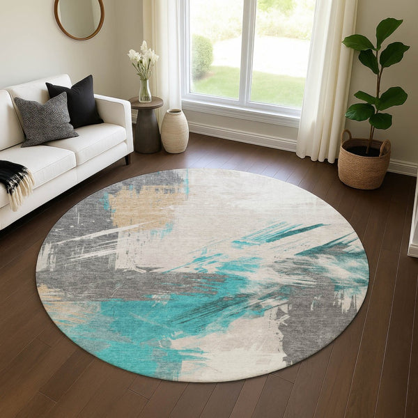 HomeRoots 8' Teal Beige Ivory Abstract Round Rug – Washable, UV-Protected, Stylish for Family Spaces! 697923