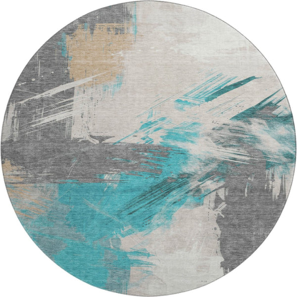 HomeRoots 8' Teal Beige Ivory Abstract Round Rug – Washable, UV-Protected, Stylish for Family Spaces! 697923